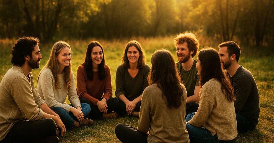Voor wie is de Atlantis-workshop geschikt Illustratie van deelnemers die zich verbinden met zielsmissie, water en natuur in veilige setting